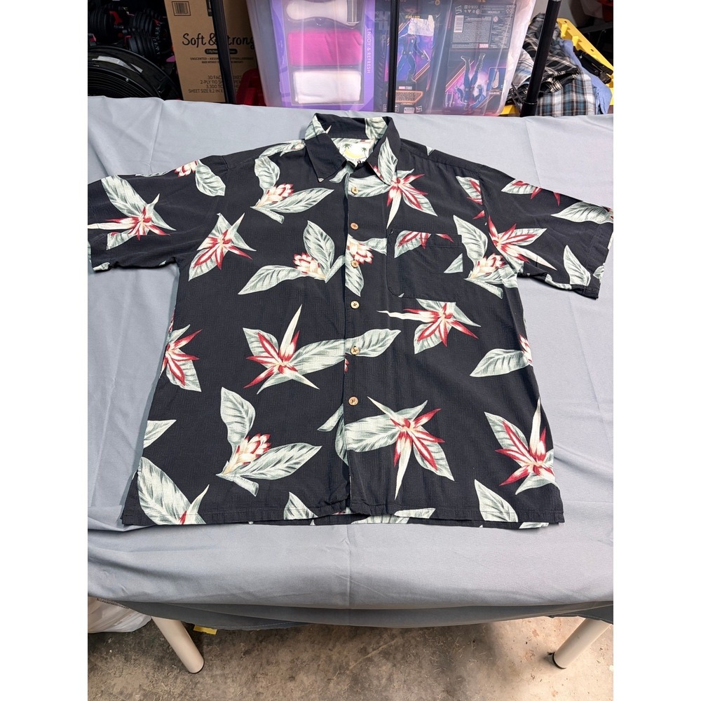 Banana Cabana Mens Large Silk Hawaiian Shirt Black Tropical Floral Bird Paradise